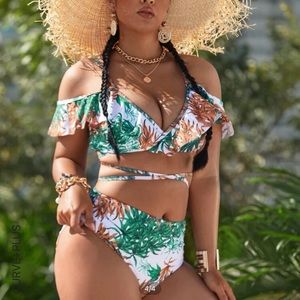 3 Piece - Leaf Print Ruffle Shein Bikini Swimsuit & Beach Skirt (1X)